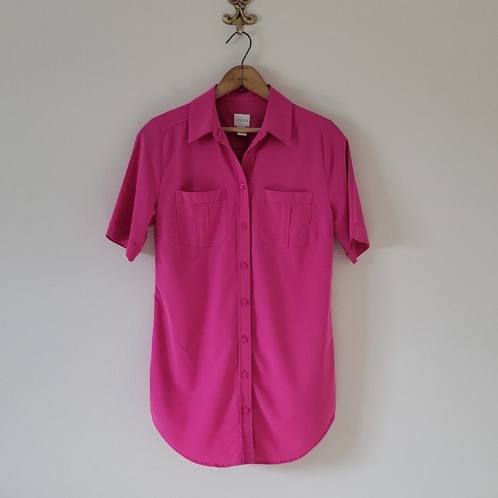 Chico's Hot Pink Silky Soft‎ Short Sleeve Long Button Down Shirt Size Small